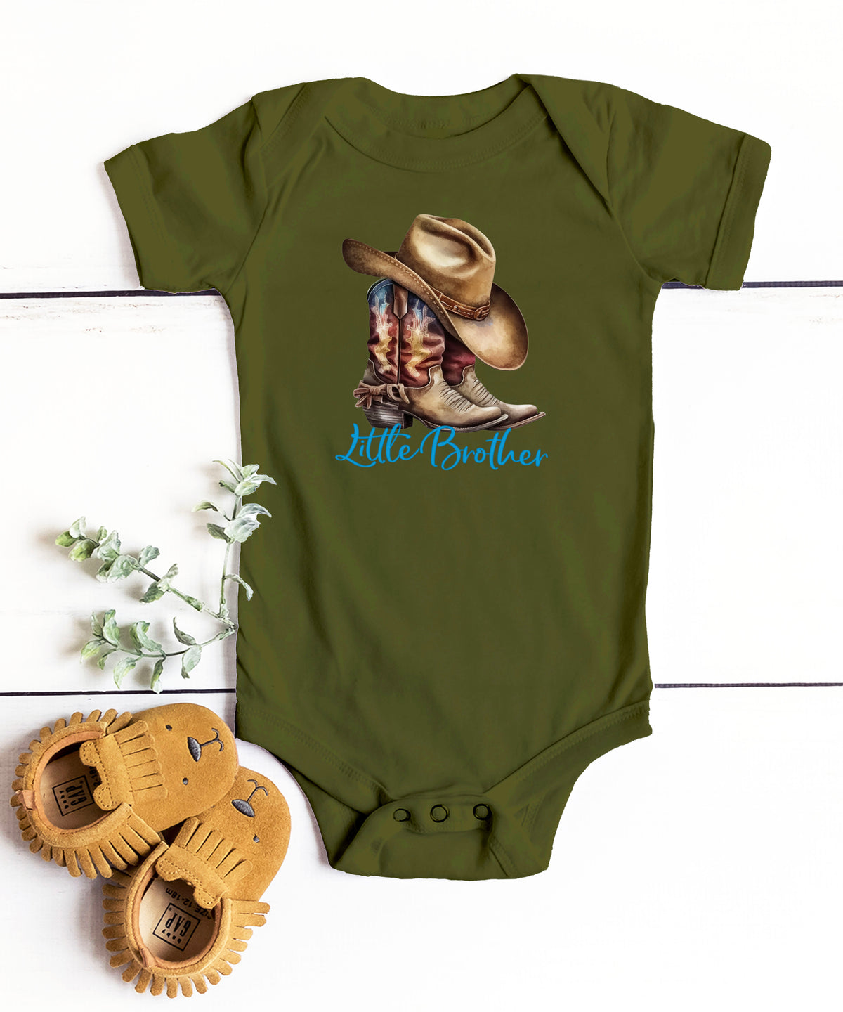Little Brother Cowboy Boots Bodysuit - Military Green 6