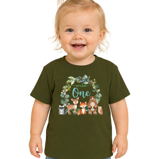 Wild One woodland animals wreath first birthday t-shirt in military green for babies