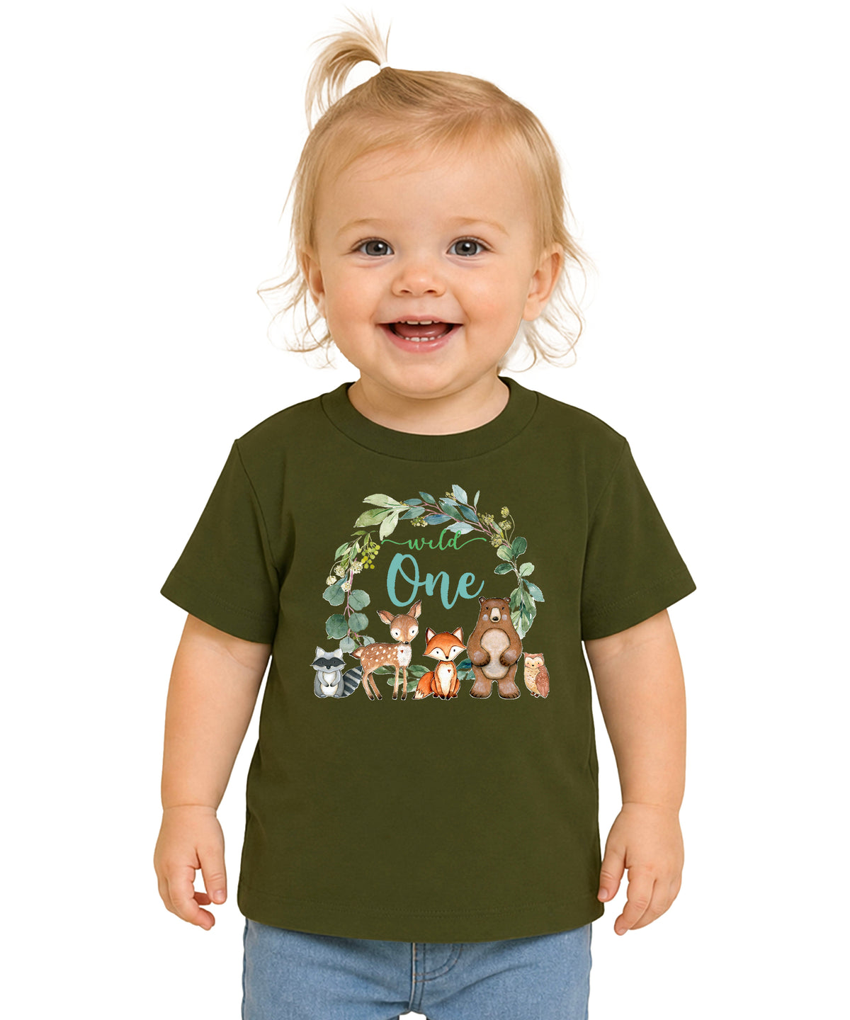Wild One woodland animals wreath first birthday t-shirt in military green for babies