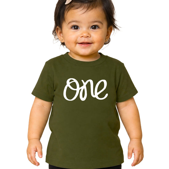 One first birthday shirt for baby girls in White on Military Green