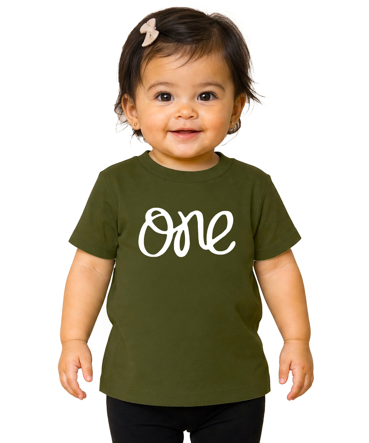 One first birthday shirt for baby girls in White on Military Green