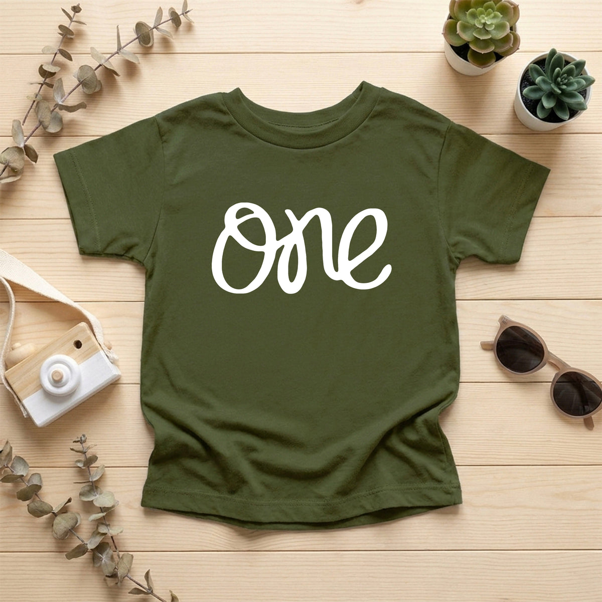 White on Military Green One first birthday shirt for baby girls - view 2