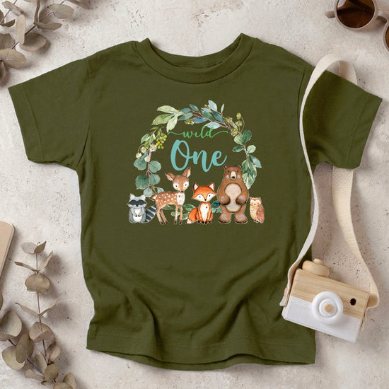Military green Wild One wreath first birthday tee flat lay front view
