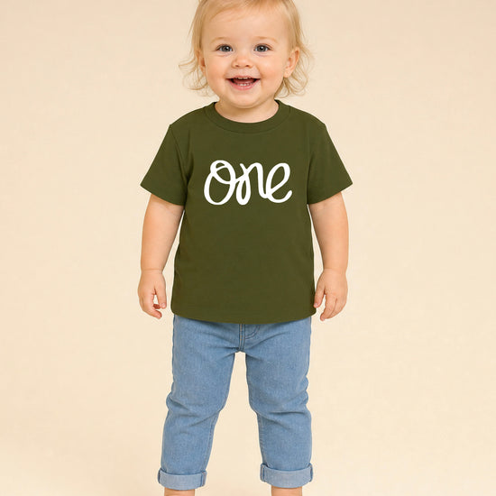White on Military Green One first birthday shirt for baby girls - view 3