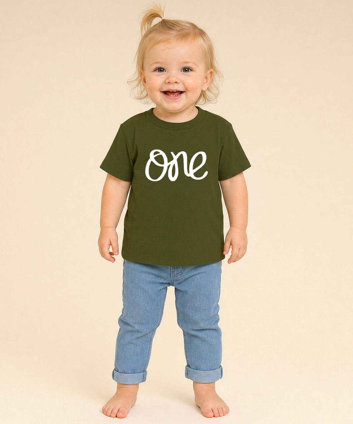 White on Military Green One first birthday shirt for baby girls - view 3