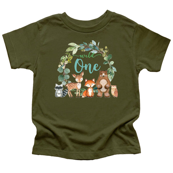 Baby wearing military green Wild One woodland animals first birthday shirt