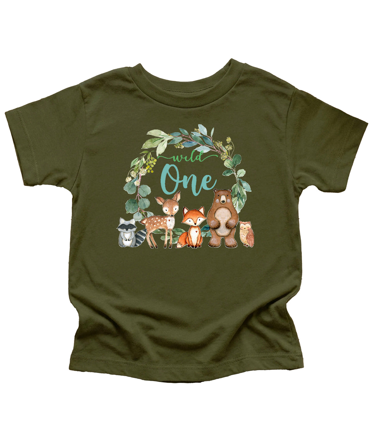 Baby wearing military green Wild One woodland animals first birthday shirt