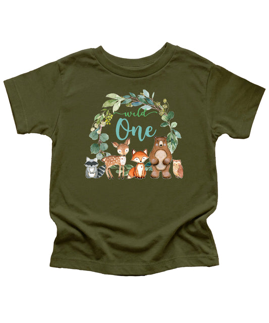 Baby wearing military green Wild One woodland animals first birthday shirt