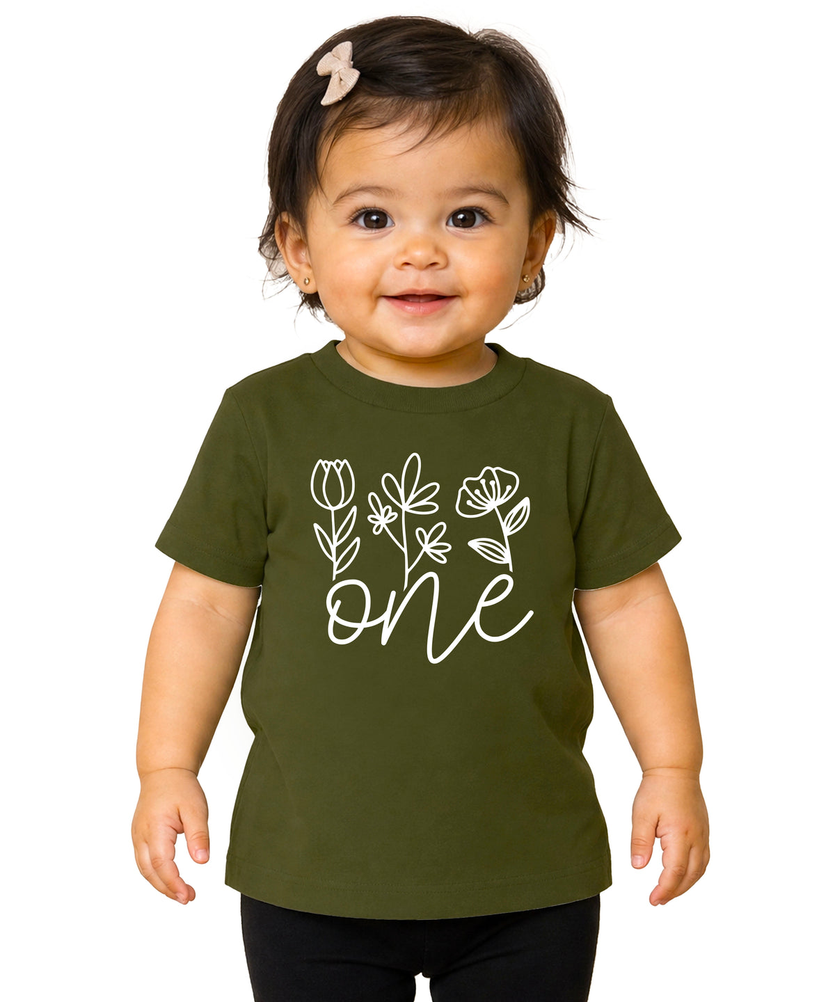 Floral One first birthday shirt for baby girls in white on military green, front view