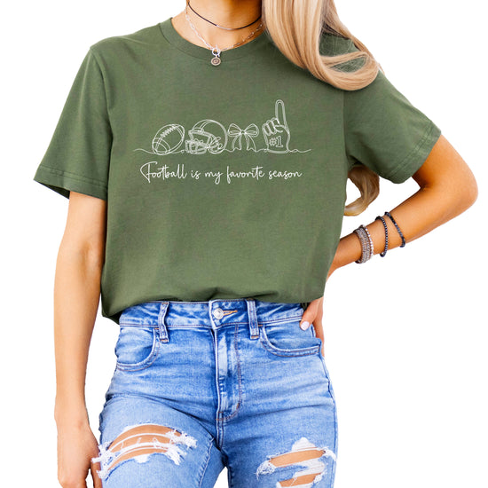 Football is My Favorite Season coquette bow game day tee, Military Green Shirt, view 1