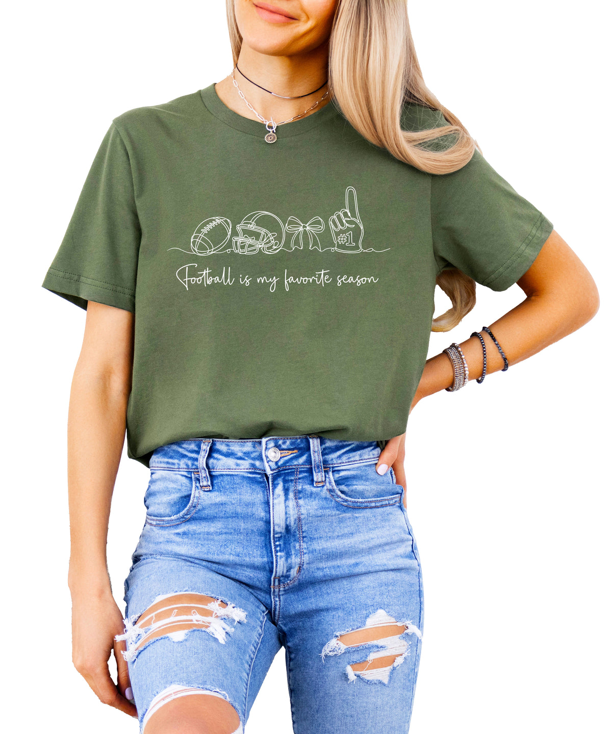 Football is My Favorite Season coquette bow game day tee, Military Green Shirt, view 1