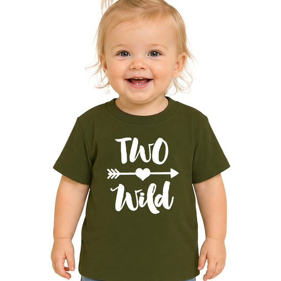 Two Wild 2nd birthday toddler girls shirt, white on military green, main front view