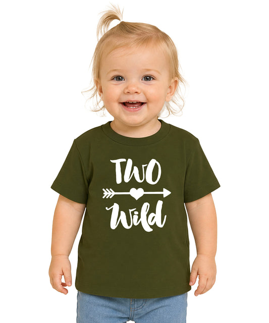 Two Wild 2nd birthday toddler girls shirt, white on military green, main front view
