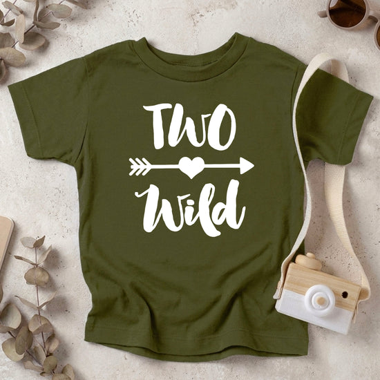 Two Wild 2nd birthday toddler girls shirt, white on military green, image 2