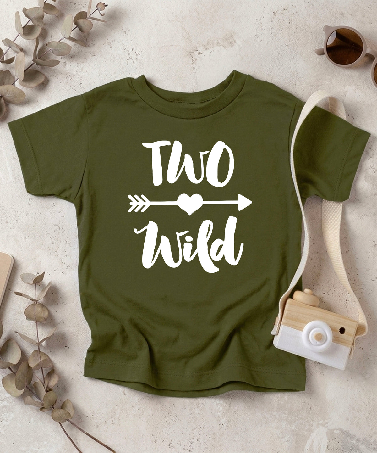 Two Wild 2nd birthday toddler girls shirt, white on military green, image 2