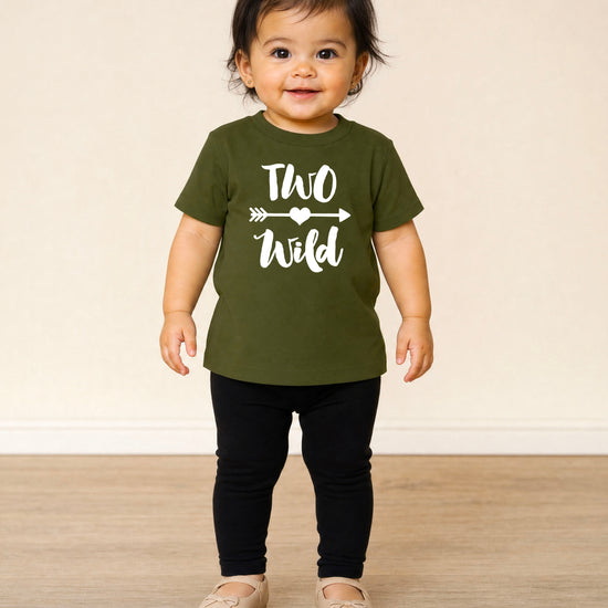 Two Wild 2nd birthday toddler girls shirt, white on military green, image 3