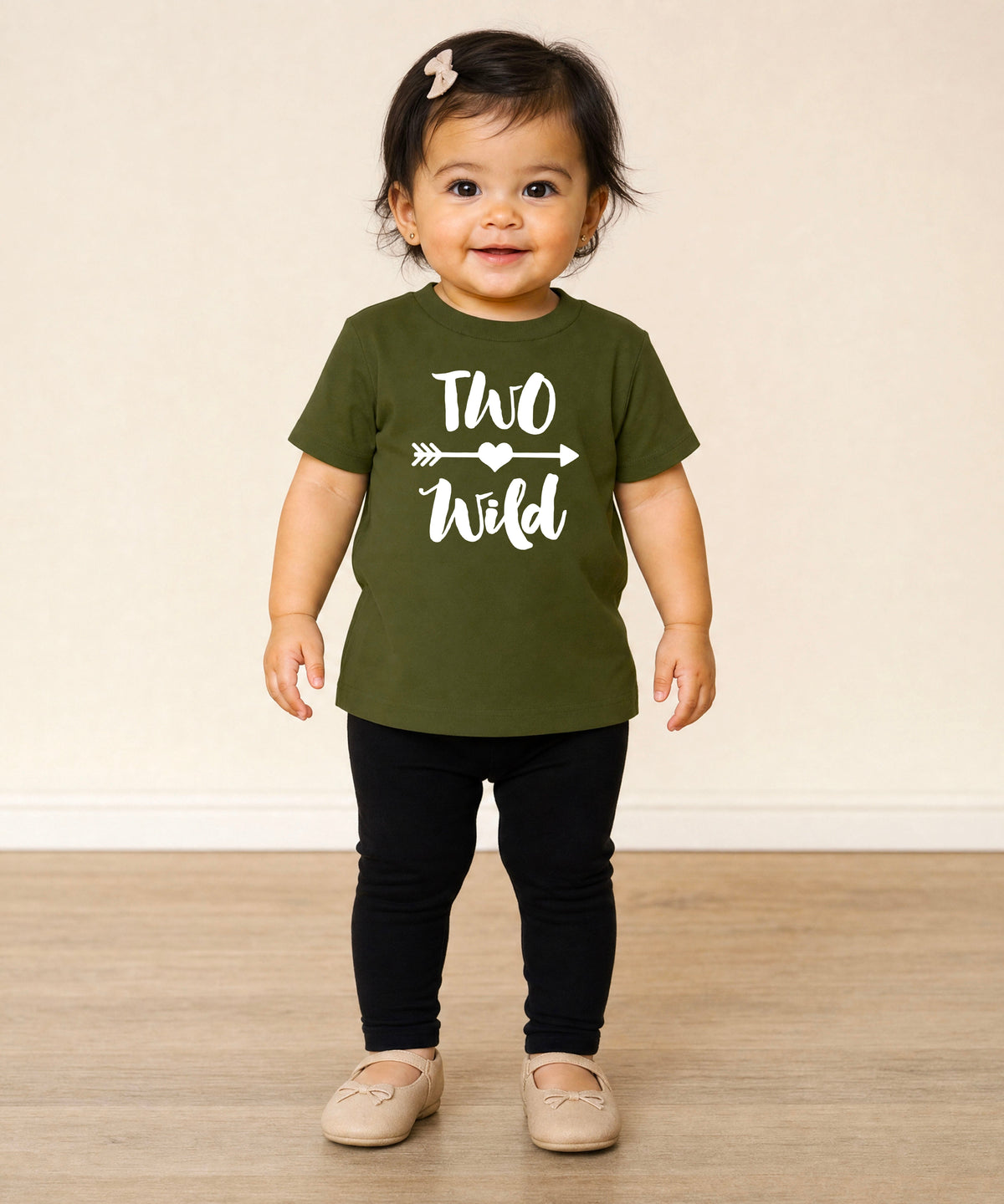 Two Wild 2nd birthday toddler girls shirt, white on military green, image 3