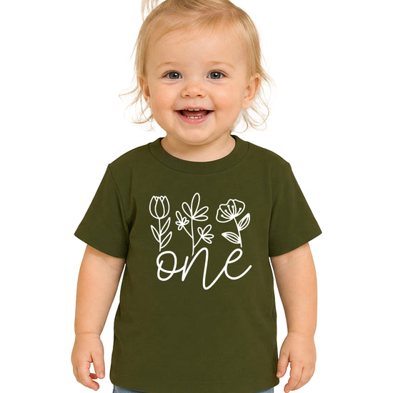 Floral One first birthday shirt for baby girls in white on military green, third view