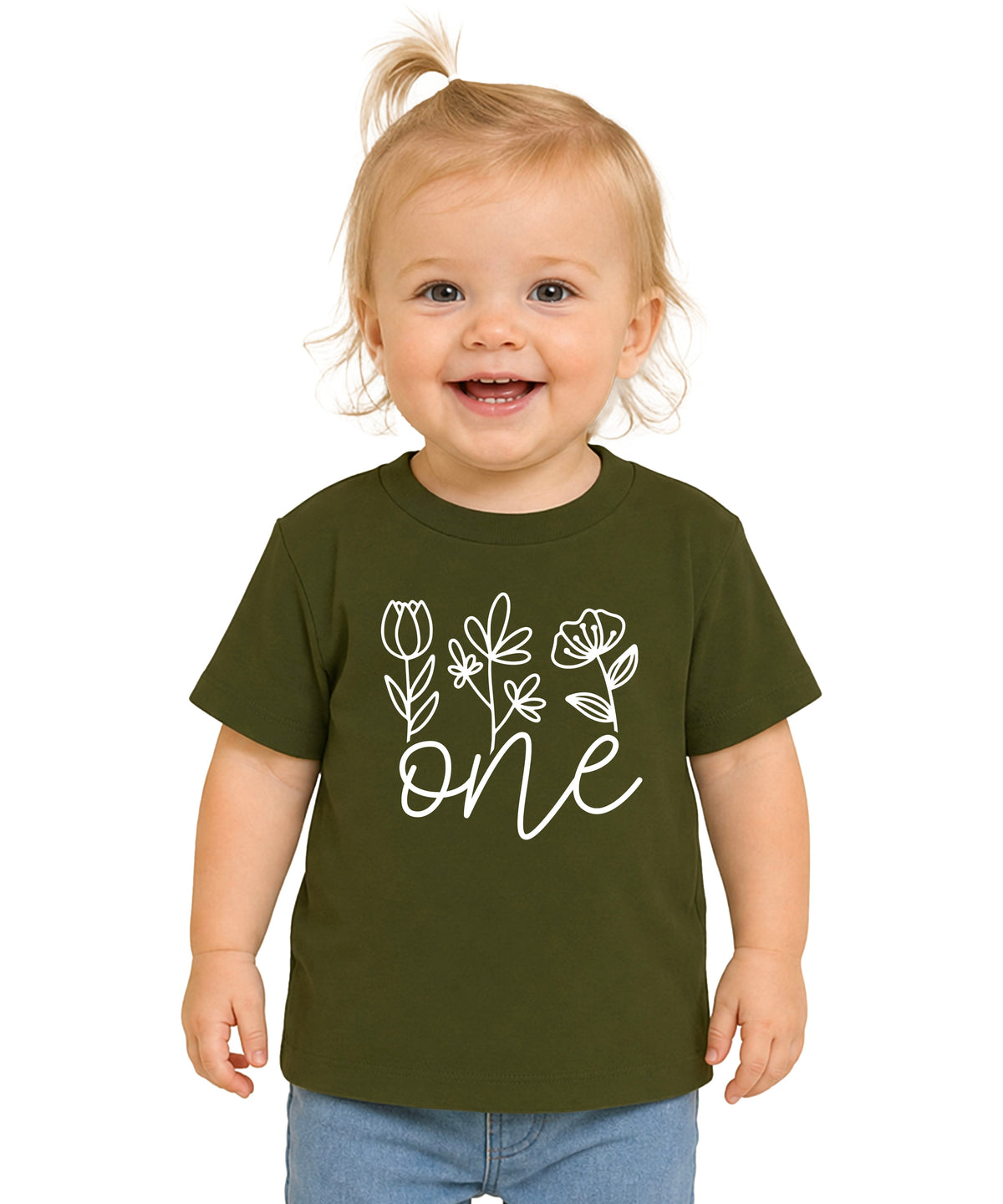 Floral One first birthday shirt for baby girls in white on military green, third view