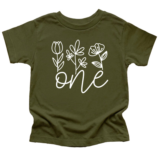 Floral One first birthday shirt for baby girls in white on military green, fourth view