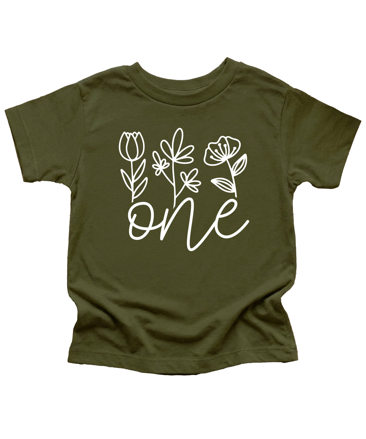 Floral One first birthday shirt for baby girls in white on military green, fourth view