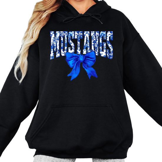 Mustangs floral bow hoodie for women in black, varsity MUSTANGS letters with blue and white floral print and royal blue bow, image 1