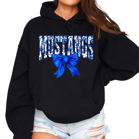 Mustangs floral bow hoodie for women in black, varsity MUSTANGS letters with blue and white floral print and royal blue bow, image 2