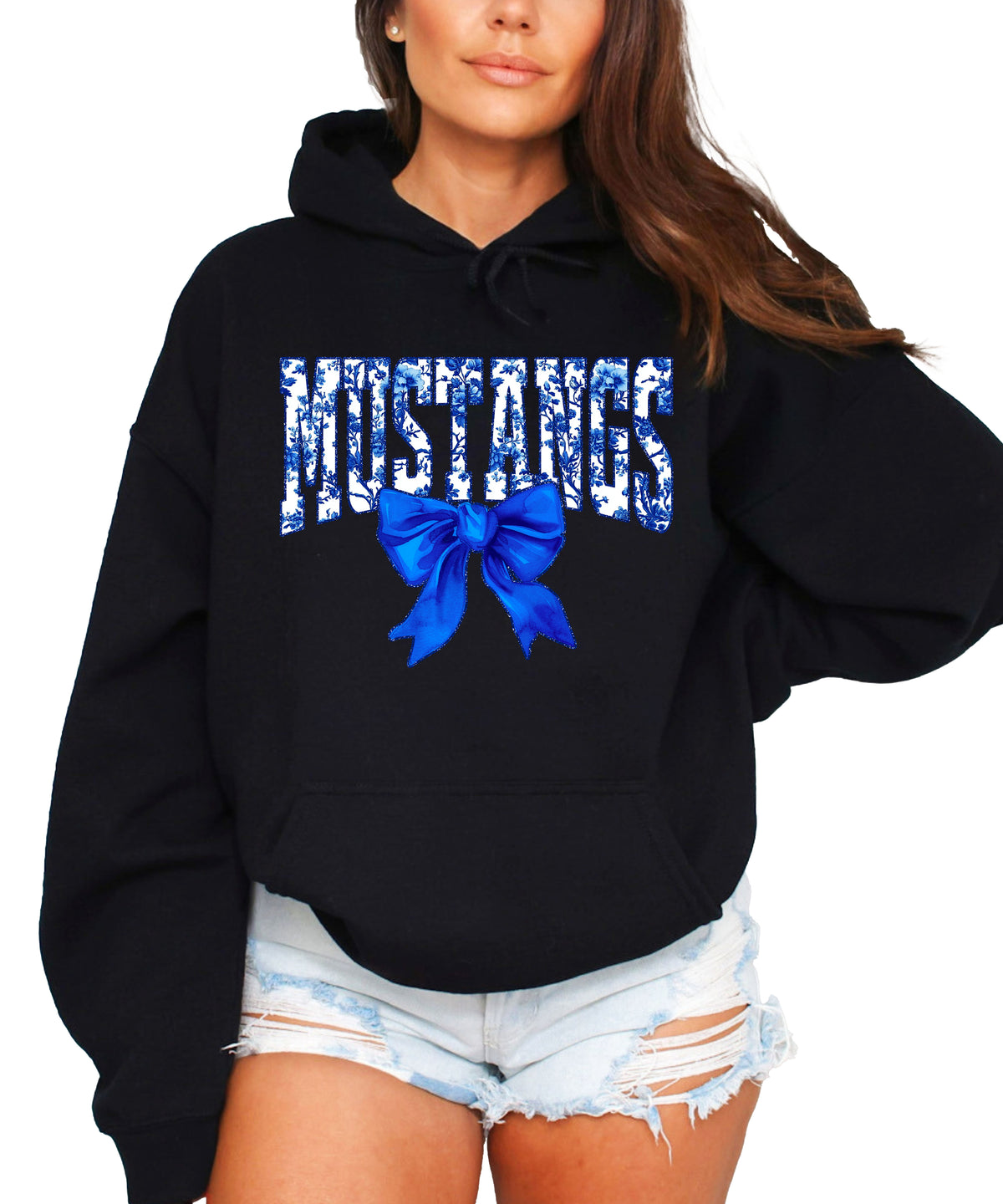 Mustangs floral bow hoodie for women in black, varsity MUSTANGS letters with blue and white floral print and royal blue bow, image 2