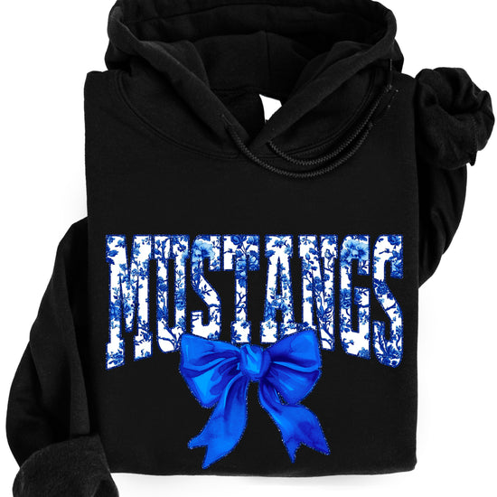 Mustangs floral bow hoodie for women in black, varsity MUSTANGS letters with blue and white floral print and royal blue bow, image 3