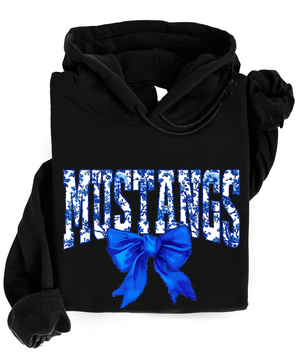 Mustangs floral bow hoodie for women in black, varsity MUSTANGS letters with blue and white floral print and royal blue bow, image 3