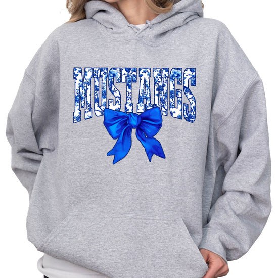 Mustangs floral bow hoodie for women in gray, varsity MUSTANGS letters with blue and white floral print and royal blue bow, image 1