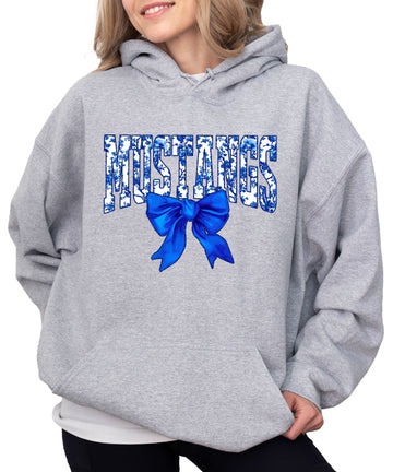 Mustangs floral bow hoodie for women in gray, varsity MUSTANGS letters with blue and white floral print and royal blue bow, image 1