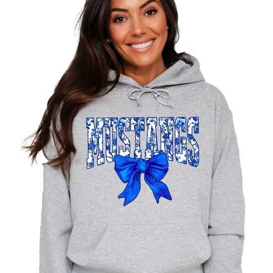 Mustangs floral bow hoodie for women in gray, varsity MUSTANGS letters with blue and white floral print and royal blue bow, image 2
