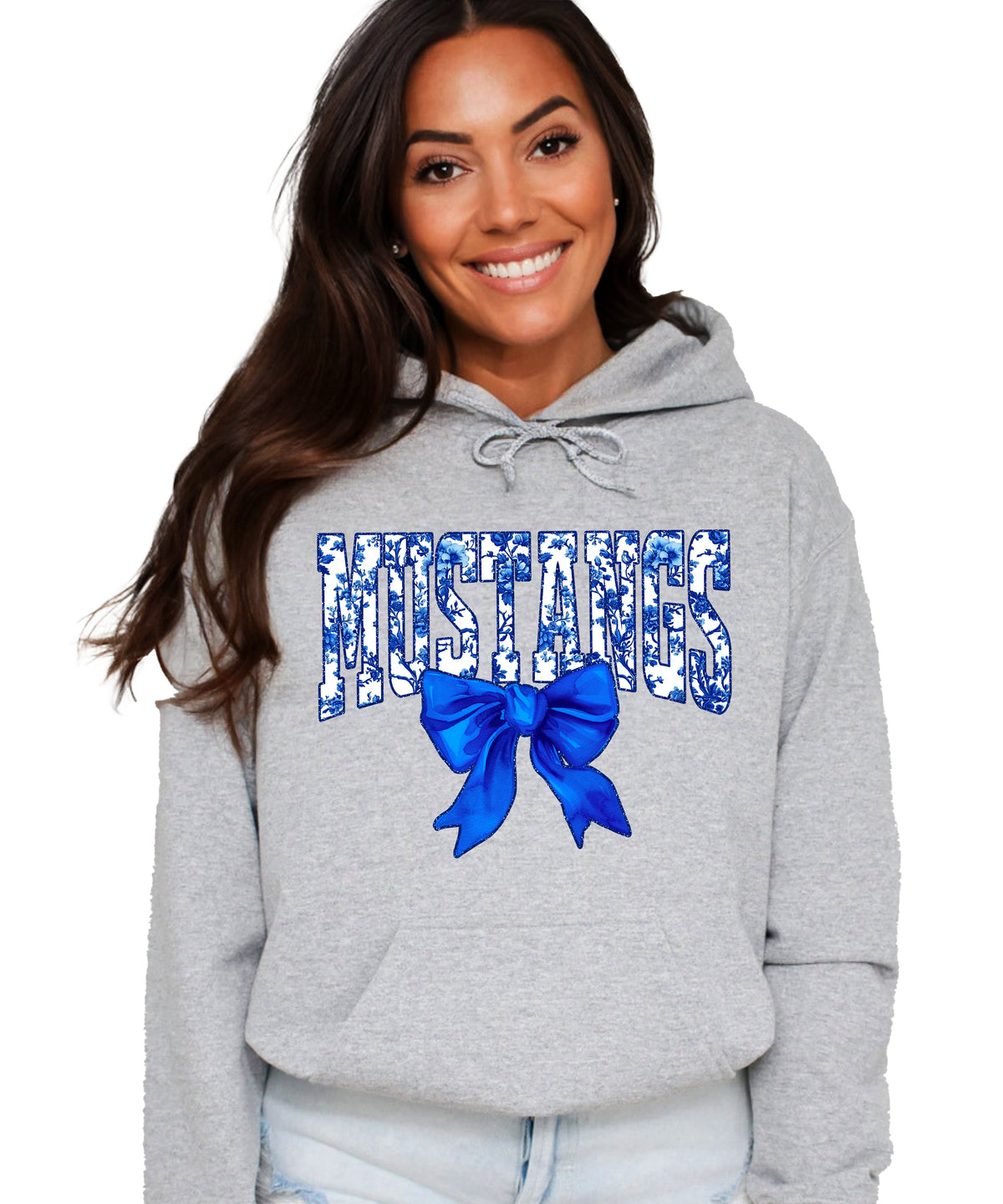 Mustangs floral bow hoodie for women in gray, varsity MUSTANGS letters with blue and white floral print and royal blue bow, image 2