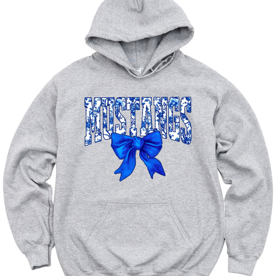 Mustangs floral bow hoodie for women in gray, varsity MUSTANGS letters with blue and white floral print and royal blue bow, image 3