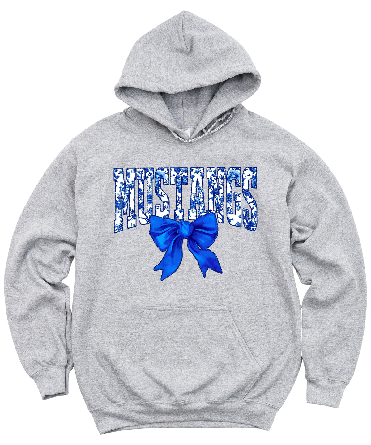 Mustangs floral bow hoodie for women in gray, varsity MUSTANGS letters with blue and white floral print and royal blue bow, image 3