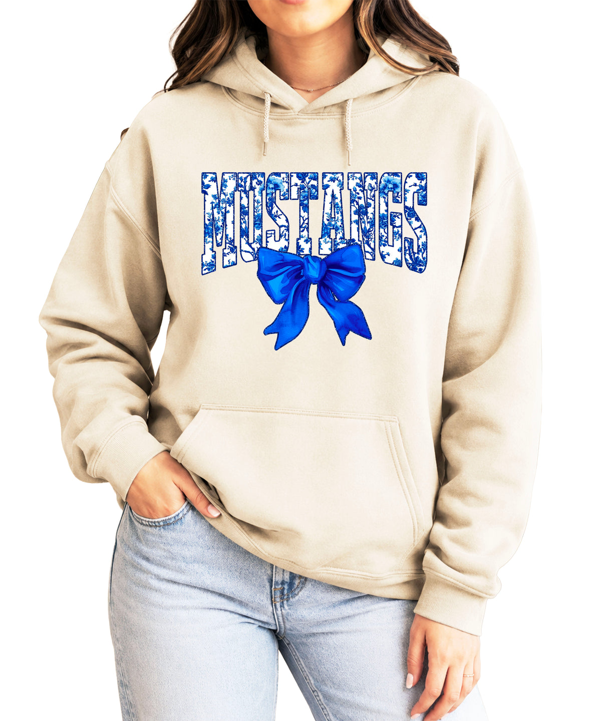 Mustangs floral bow hoodie for women in sand, varsity MUSTANGS letters with blue and white floral print and royal blue bow, image 2