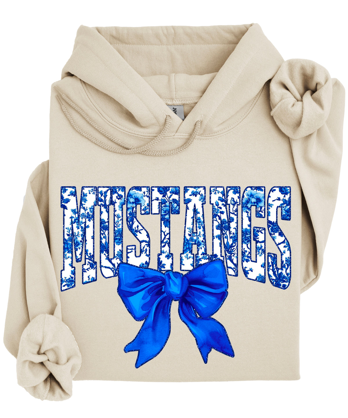 Mustangs floral bow hoodie for women in sand, varsity MUSTANGS letters with blue and white floral print and royal blue bow, image 3