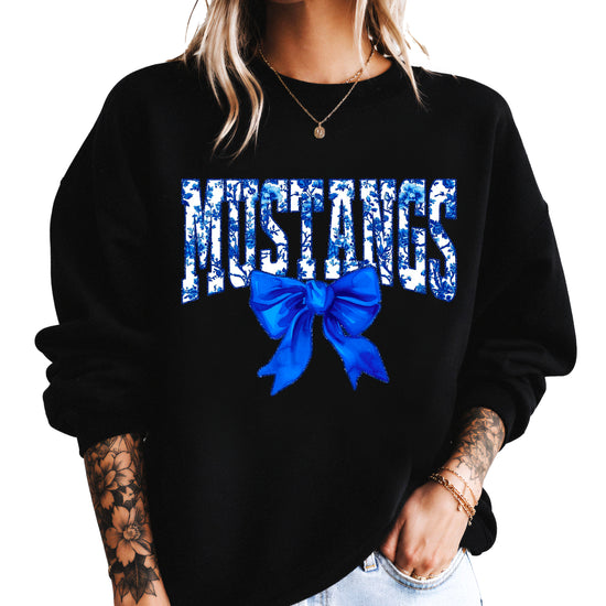 Mustangs blue floral coquette bow sweatshirt for women, Black crewneck - image 1