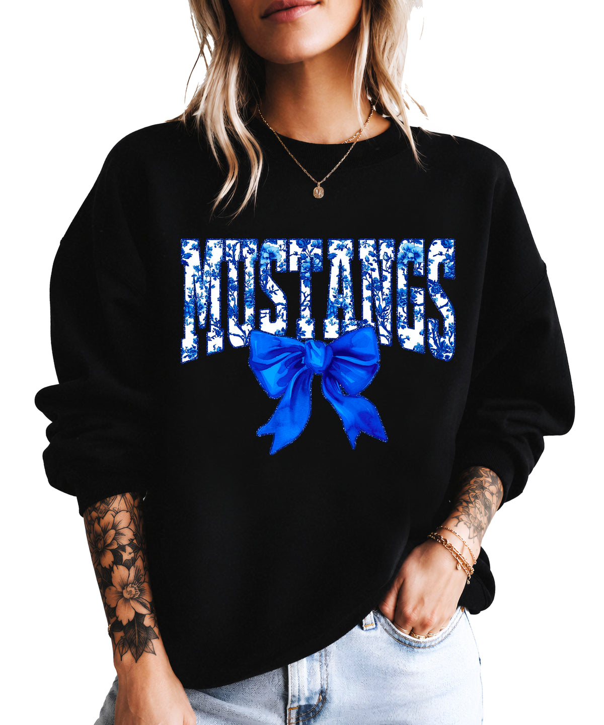 Mustangs blue floral coquette bow sweatshirt for women, Black crewneck - image 1