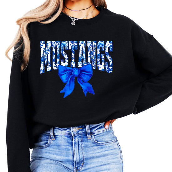 Mustangs blue floral coquette bow sweatshirt for women, Black crewneck - image 2