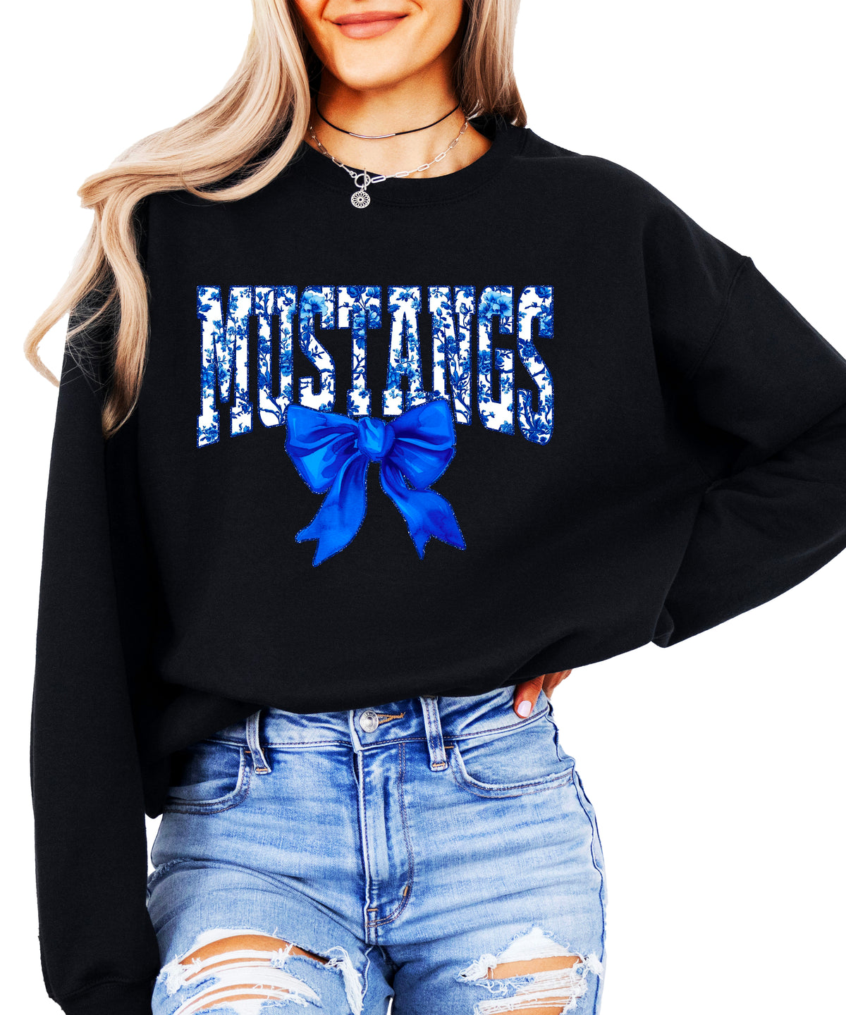 Mustangs blue floral coquette bow sweatshirt for women, Black crewneck - image 2