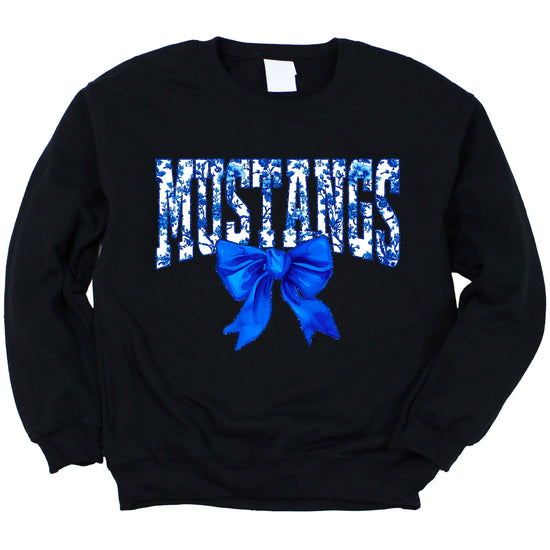 Mustangs blue floral coquette bow sweatshirt for women, Black crewneck - image 3
