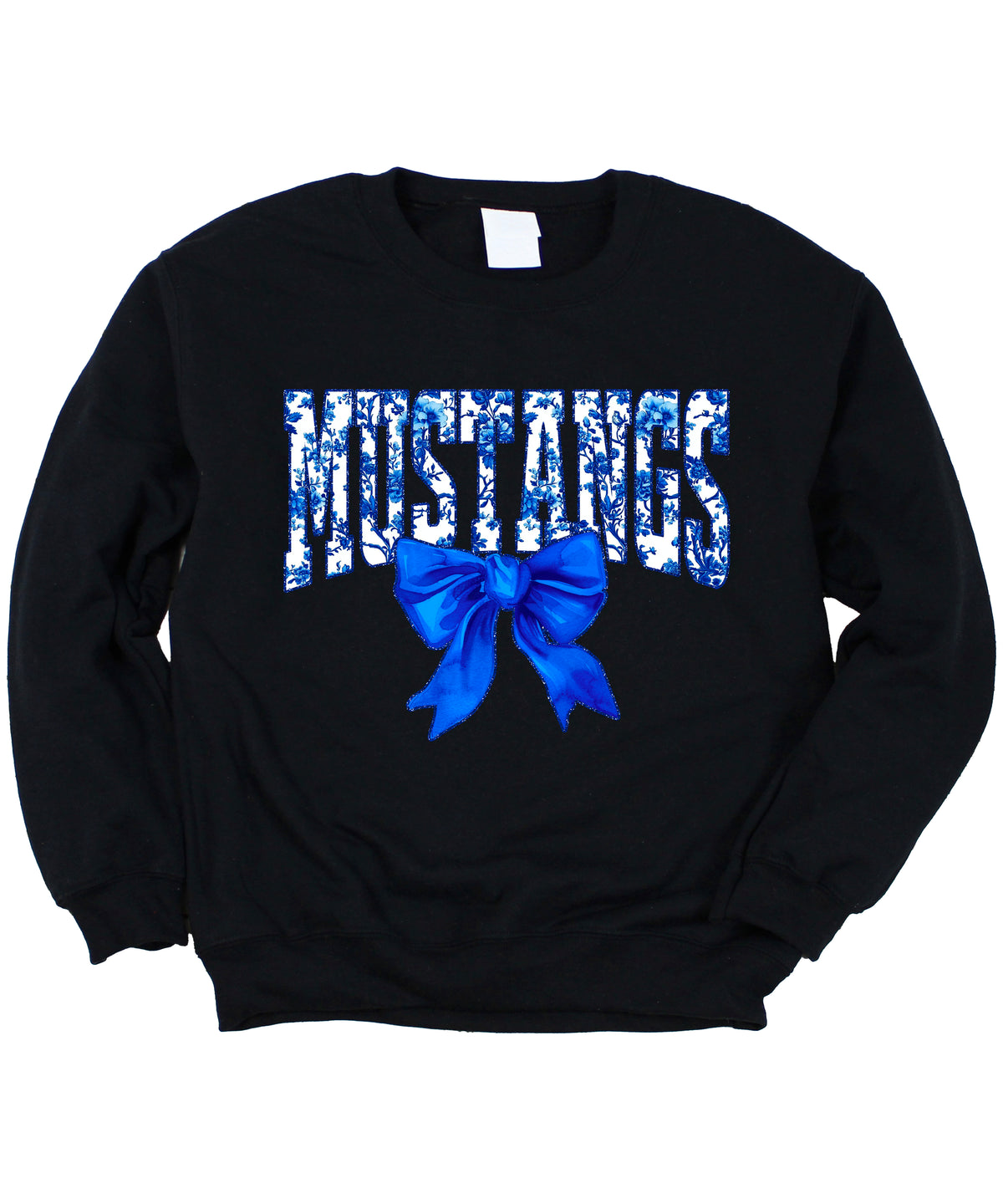 Mustangs blue floral coquette bow sweatshirt for women, Black crewneck - image 3