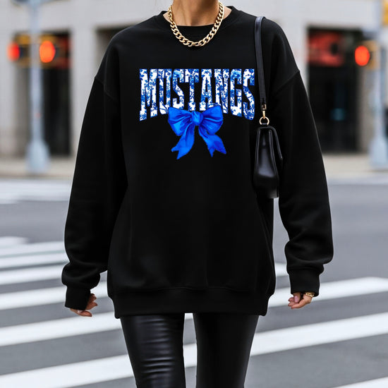 Mustangs blue floral coquette bow sweatshirt for women, Black crewneck - image 4