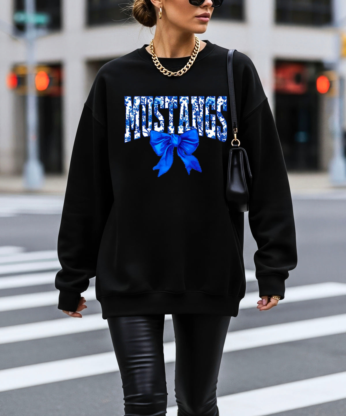 Mustangs blue floral coquette bow sweatshirt for women, Black crewneck - image 4