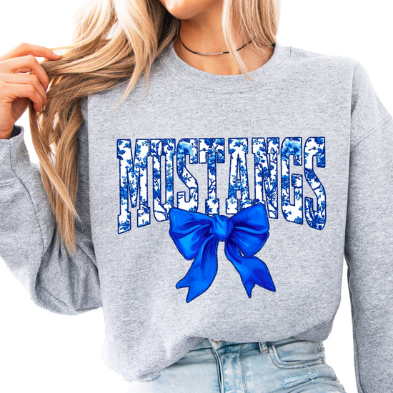 Mustangs blue floral coquette bow sweatshirt for women, Gray crewneck - image 1