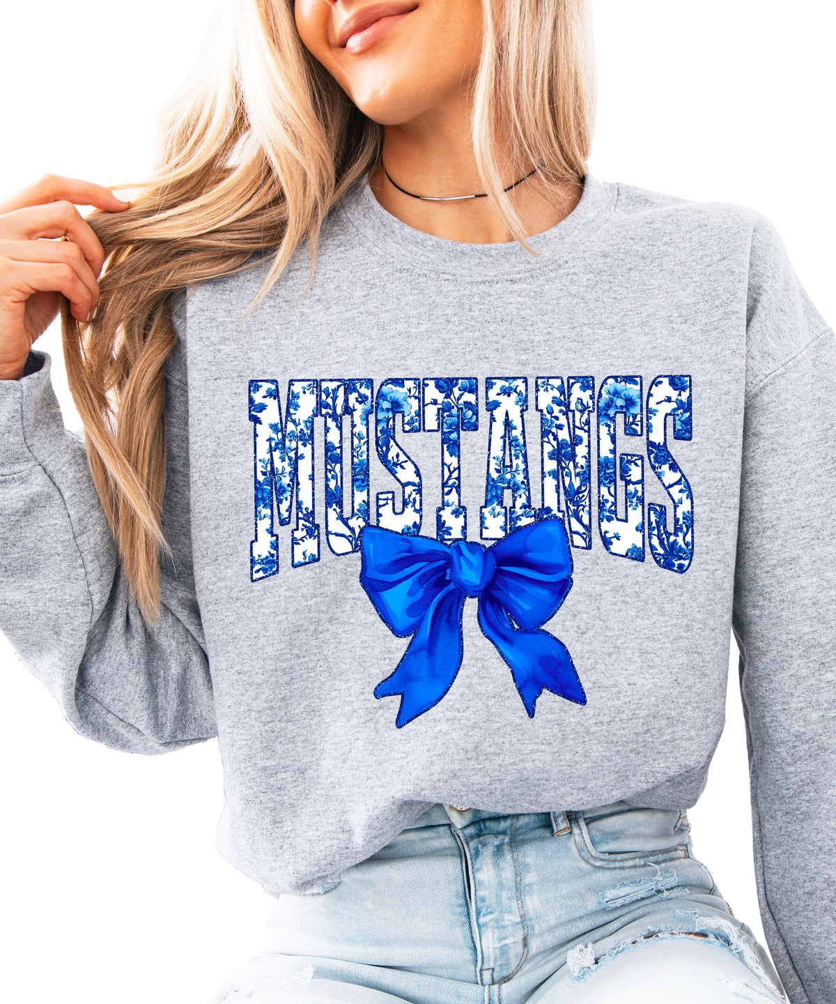 Mustangs blue floral coquette bow sweatshirt for women, Gray crewneck - image 1
