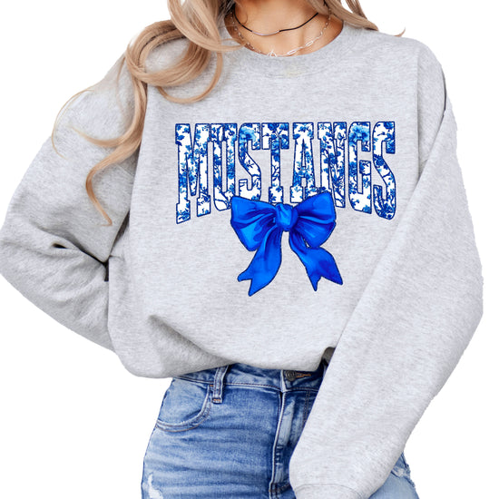 Mustangs blue floral coquette bow sweatshirt for women, Gray crewneck - image 2