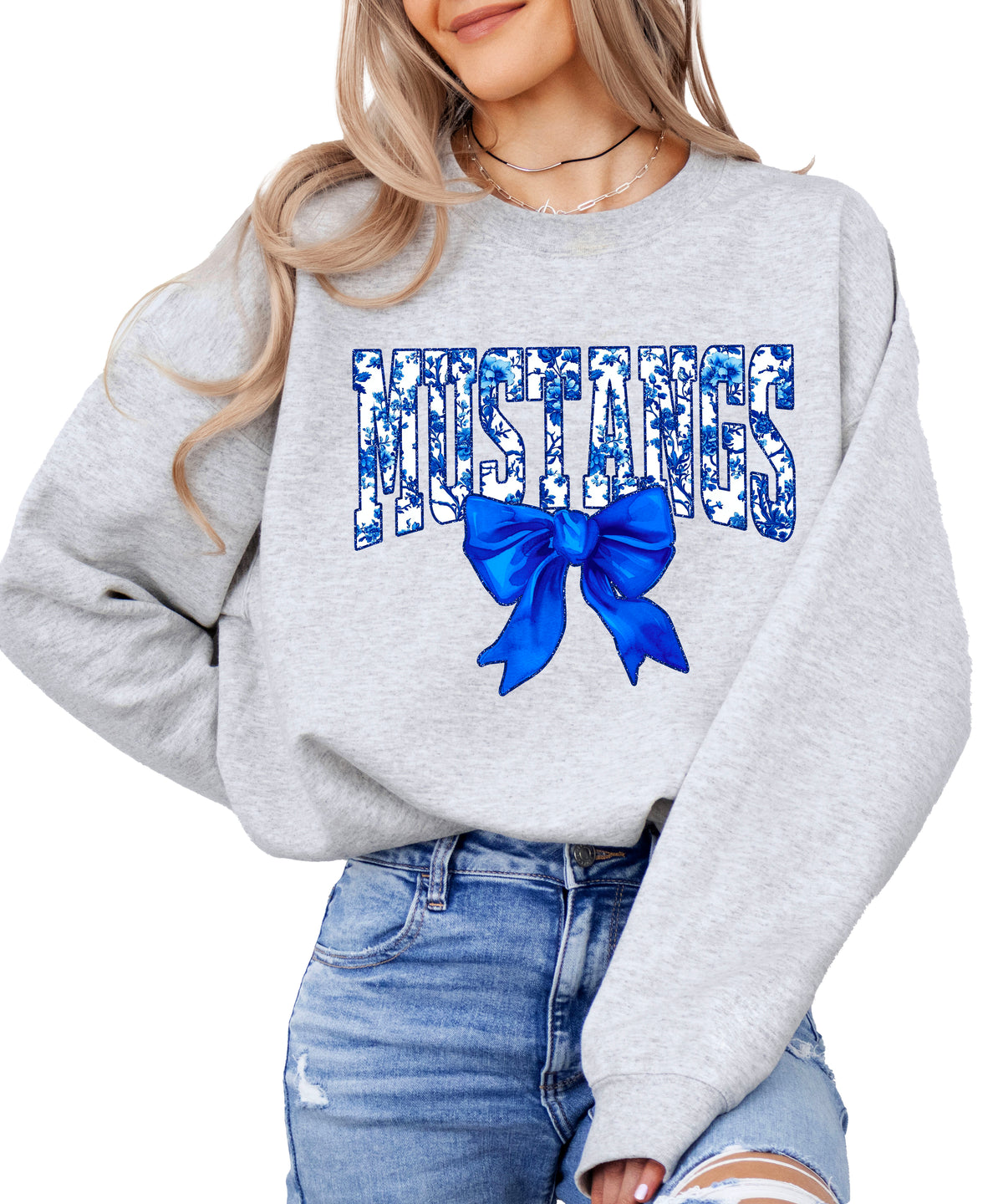 Mustangs blue floral coquette bow sweatshirt for women, Gray crewneck - image 2
